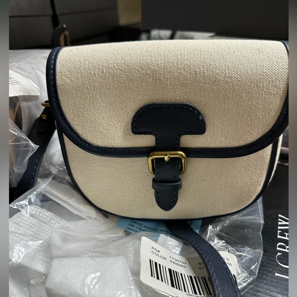 J. Crew Cream Canvas Crossbody with Navy Trim and Gold Hardware